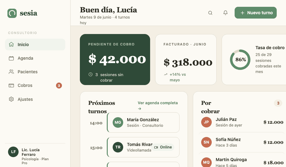 Panel de Sesia: pendiente de cobro, próximos turnos y cobros por WhatsApp